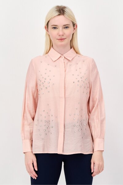 Bebe Women Spread Collor Textured Long Sleeve Shirt, Peach