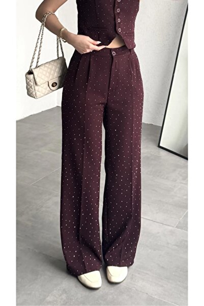 Lila Moda Women's Luxe Stone Detailed High Waist Wide Leg Palazzo Trousers