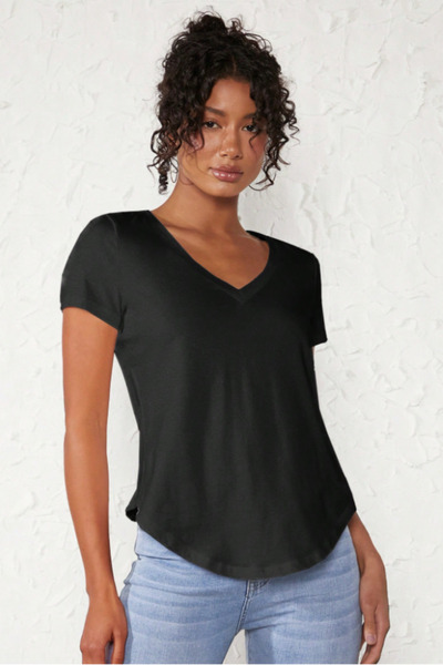 Tarz Cool Tricou de bază negru cu decolteu în V pentru femei |   Tricou casua...