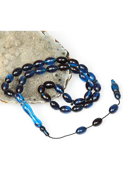 Taş Sandığı Blue-Black Crimped Amber Prayer Beads (7×11 mm)