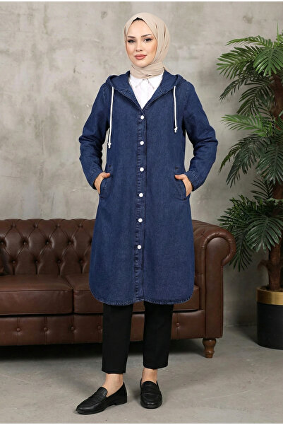 MODAQU Buttoned Hooded Denim Cap - Navy Blue