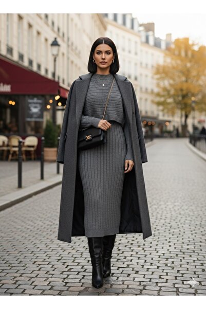 Quzu Triko Takım Jile Elbise ve Crop Kazak