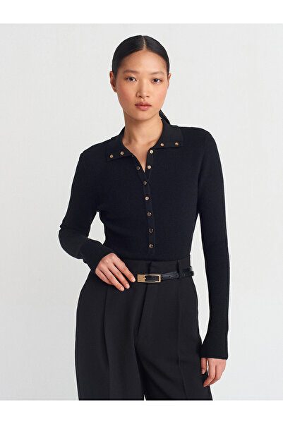 Lusin Women's Black Stand Collar Snap Fastener Long Sleeve Knit Sweater