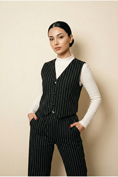 Miyalon Women's Black Striped Vest Top and Bottom 3-Piece Set