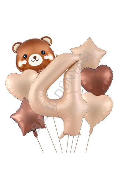 RÖNESANS PARTİ Bear Head Number Heart Star Foil Balloon Set Age-4