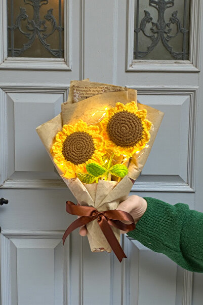 Zemtigo El Emeği Örgü Led Işıklı Örgü Ayçiçeği Buketi Örgü Çiçek Buketi Örme ...