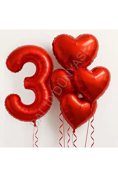 BEST PARTİ Kırmızı Rakam Kalp Folyo Balon Seti Yaş-3
