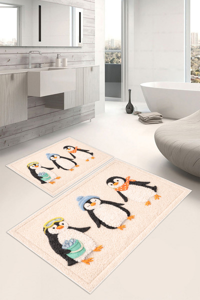 Pelura Halı Penguin Patterned Digital Printed Washable 2-Piece Bath Mat