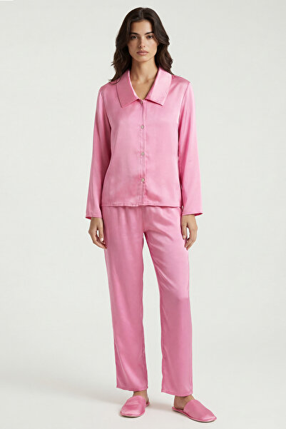 Feu De Elu Set de pijamale lungi din satin roz Amoris Şeker