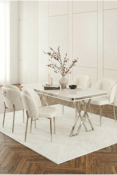 DEREN HOME Rigella Gümüş 80x130 Beyaz Sabit Mdf Masa Metal Ayaklı 4 Adet Sand...