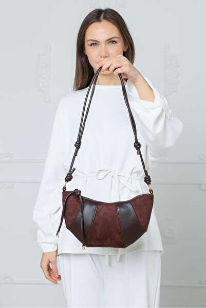 Nexora Süet ve Deri Detaylı Kruvasan Model Kadın Çapraz ve Omuz çanta