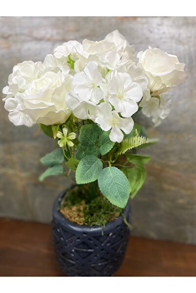 çiçek rengi dekor White Artificial Rose & Hydrangea Bouquet – 40 cm |   5 Ros...