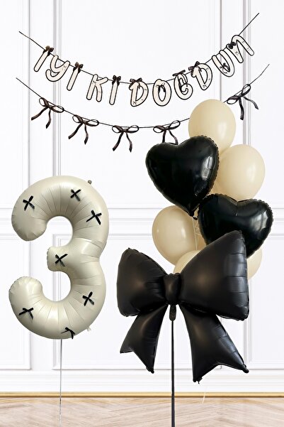 PEKSHOP 3 Yaş Siyah Fiyonk Konsept Doğum Günü Balon Seti Yaş Balonlu Set228