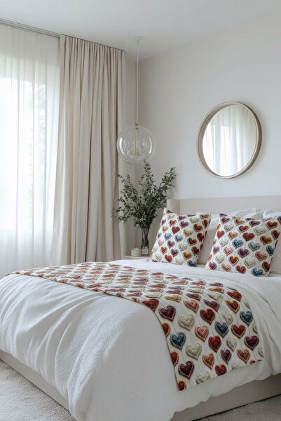 JACA 3'lü Keten Kumaş 3D Desenli Dekoratif Yatak Runner & 2li İç Dolgulu Kare...