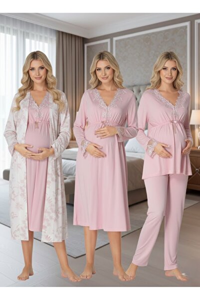 Lohusa Homewear Γυναικείο σετ πιτζάμες νυχτικό με ροζ σχέδιο με κουμπιά και μ...