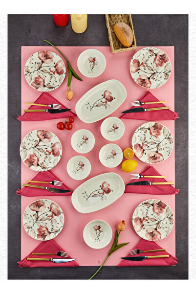 coker Ev dizaynım 14 Parça Porselen Kahvaltı Takımı – Şık Desenli Kayık, Past...