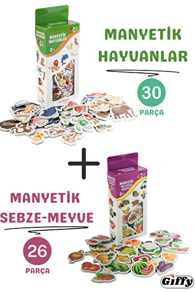 giffy Oyuncak Manyetik Mıknatıslı 30 Parça Hayvanlar ve 26 Parça Sebze Meyvel...
