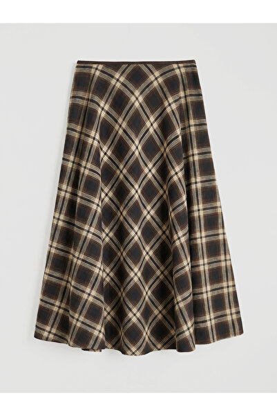 LC Waikiki Καφέ καρό φούστα σε γραμμή Α με φερμουάρ στη μέση