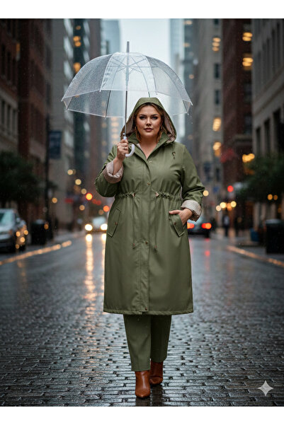 AKŞEN GİYİM Plus Size Detachable Hooded Trench Coat with Stripe Detail on Sle...