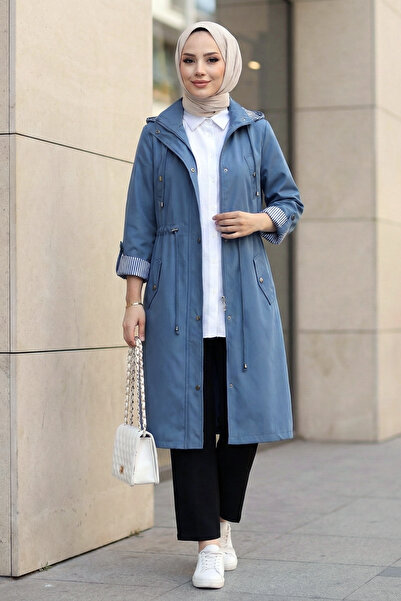 Kirazgym Women's Striped Lined Trench Coat - Indigo