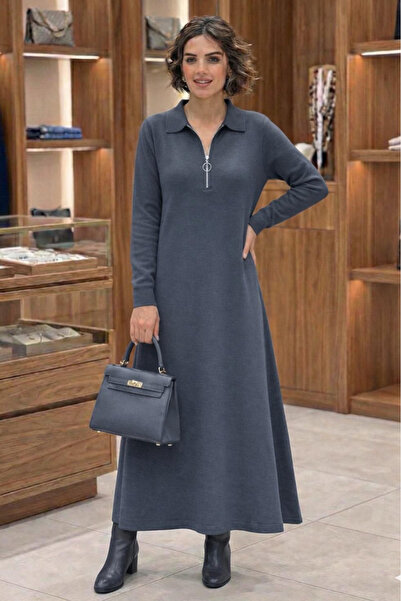 Nevin Kaya Moda Lead Color Elegance Modal Fabric Zipper Detailed Dress