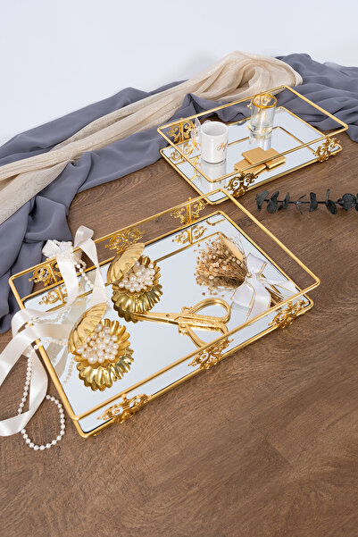DemirZade Aynalı Gold Nişan Tepsi Söz tepsisi damat tepsisi yüzük tepsisi