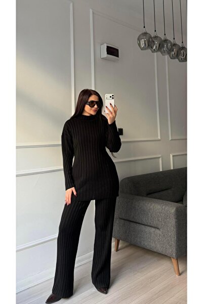 Daves طقم طويل مكون من قطعتين من التريكو ذو الياقة المستقيمة باللون الأسود