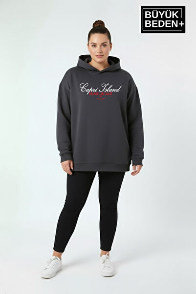 Superlife Women's Large Size Hooded Capri Island Printed Thin Sweatshirt Spr2...