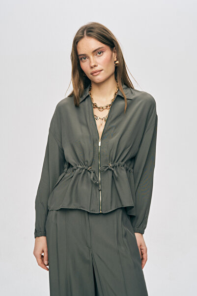 Orfeo Negro Women's Modern Waist-Tied Zippered Solid Color Viscose Jacket