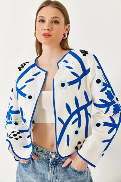 Septemmart Blue Floral Embroidered 100% Cotton White Bohemian Jacket
