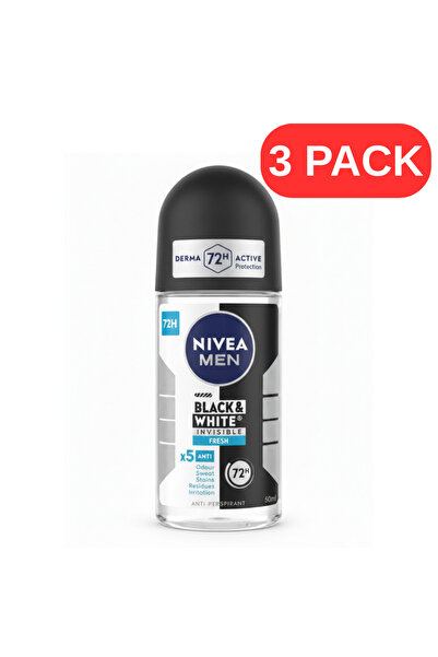 NIVEA Set 3 x Deodorant Roll-On Men Invisible Fresh 72h, 50 ml, Negru și Alb
