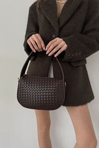 Melos Butik Women's Bitter Brown Knitted Patterned Leather Hand and Shoulder Bag