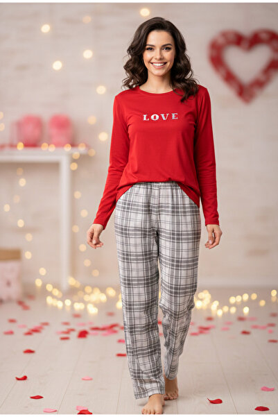LİMİSSİ Women's Love Printed Valentine's Day Pajama Set 100% Cotton