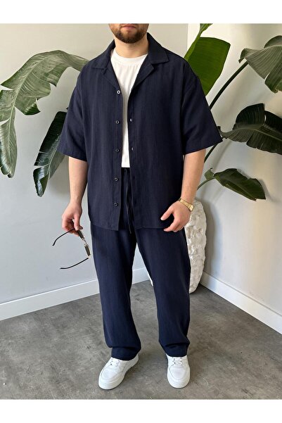Quik-max Pamuklu Yıkamalı Keten Oversize Gömlek Pantolon Takım