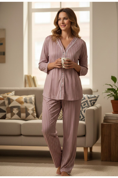 LİMİSSİ Striped Buttoned Lycra Pajama Set 100% Cotton