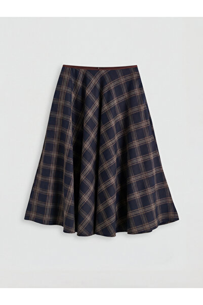 LC Waikiki Navy Blue Plaid Flared Skirt with Zipper at the Waist