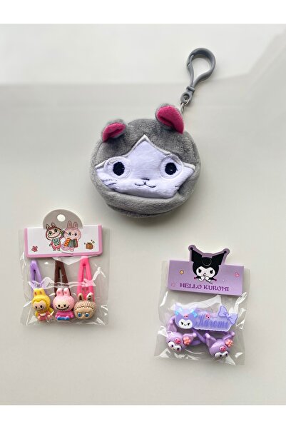 TMR KUROMI-LABUBU KIZ%BEBEK FİGÜRLÜ TOKA&ÇANTA 3'LÜ SET