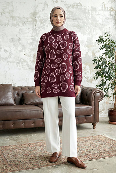 MODAQU Patterned Beard Rope Knitwear Tunic Sweater - Burgundy Pink
