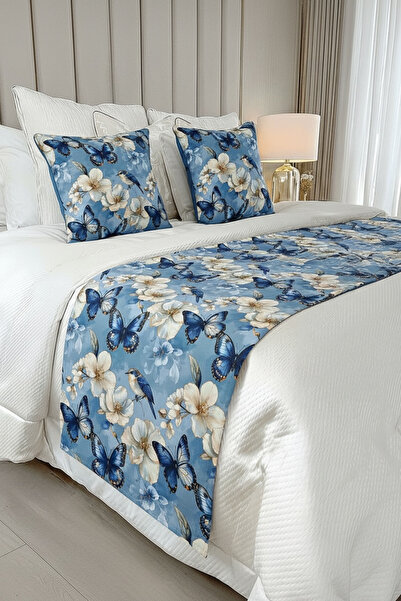 JACA 3'lü Keten Kumaş 3D Desenli Dekoratif Yatak Runner & 2li İç Dolgulu Kare...