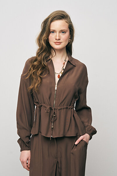 Orfeo Negro Women's Modern Waist-Tied Zippered Solid Color Viscose Jacket