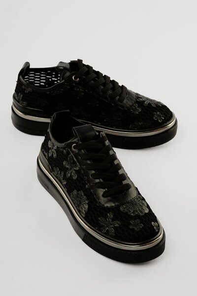 Mubiano Women's Sneaker with Floral Embroidery and Mesh Detail, Nerolia Black