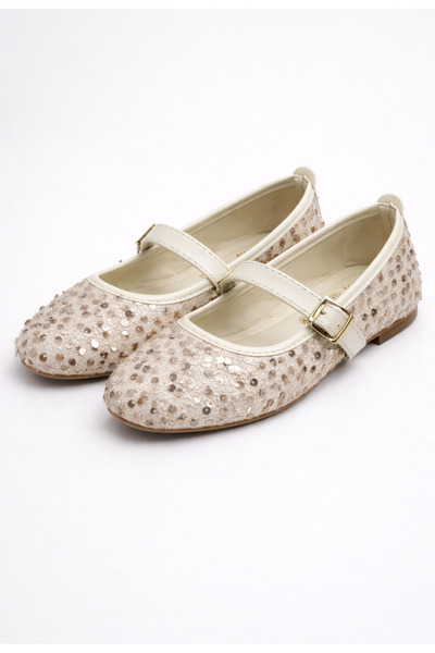 LUFFO Glittery Sequined Shiny Cream Mary Jane Ballet Flats with Stylish Buckl...