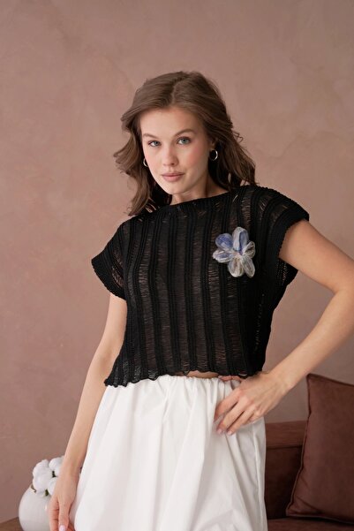 Park Karon Women's Boat Neck Openwork Crop Knitwear Blouse 8241Sw