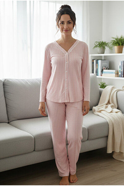 LİMİSSİ Striped Buttoned Lycra Pajama Set 100% Cotton