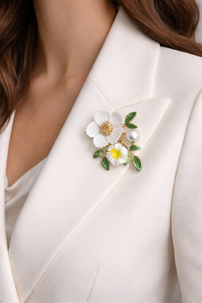 Modex İnci Detay Özel Tasarım Zarif Çiçek Broş (5cm)