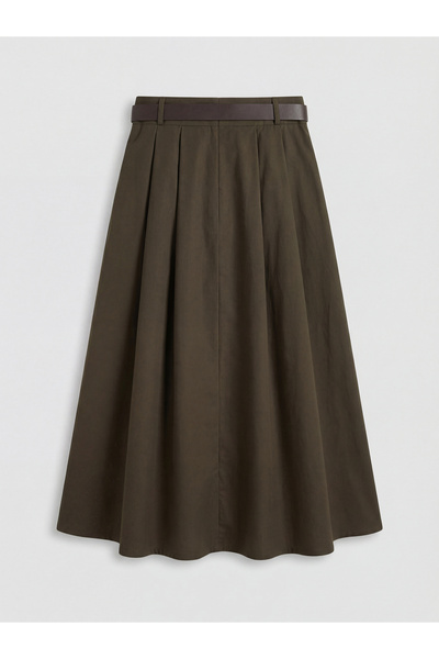 LC Waikiki Fusta din poplin kaki, cu talie înaltă, cu fermoar și curea, în li...