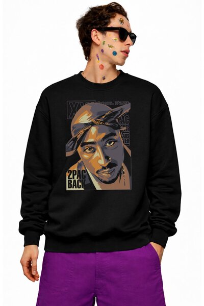 Fuddy Moda Hanorac unisex supradimensionat 2Pac Bacj Tupac imprimat cu gâtul ...