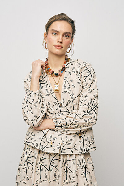 Orfeo Negro Дамска ботаническа линия Блуза с бродерия и балонни ръкави в бохе...