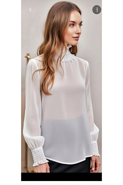 MODA NUR Modanur White Color, Lycra, Transparent Tulle Blouse. S Size