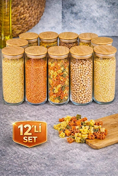 Rosemor 12'li Kavanoz Vakumlu Bambu Kapaklı Cam Kavanoz Baharatlık Bakliyat G...